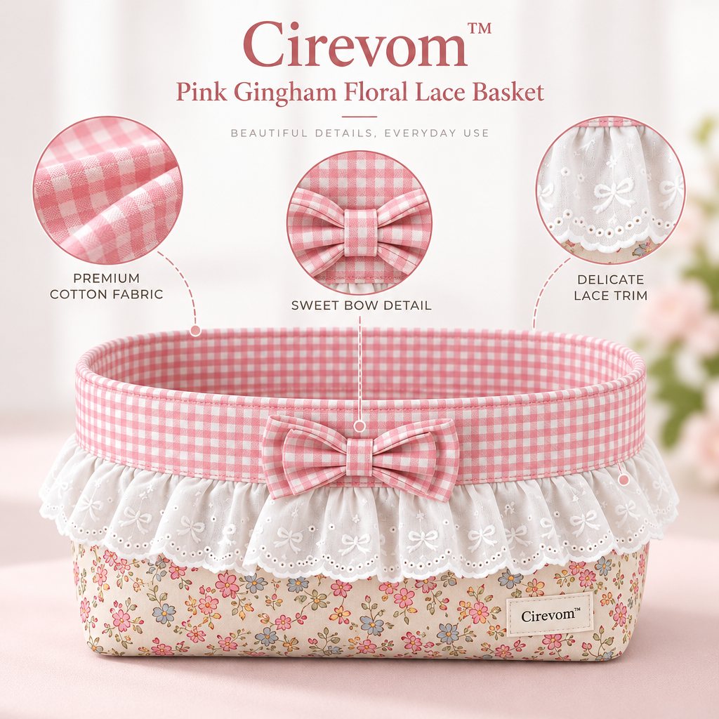 Cirevom™ Pink Gingham Floral Lace Basket: material detail