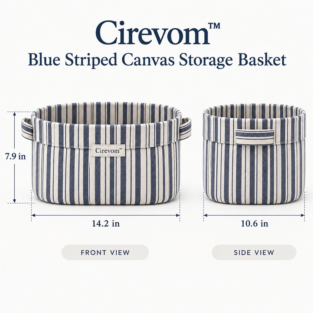Cirevom™ Blue Striped Canvas Storage Basket dimensions