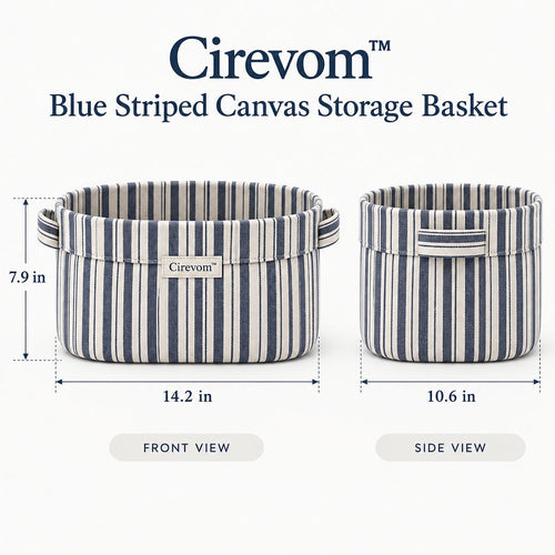 Cirevom™ Blue Striped Canvas Storage Basket dimensions