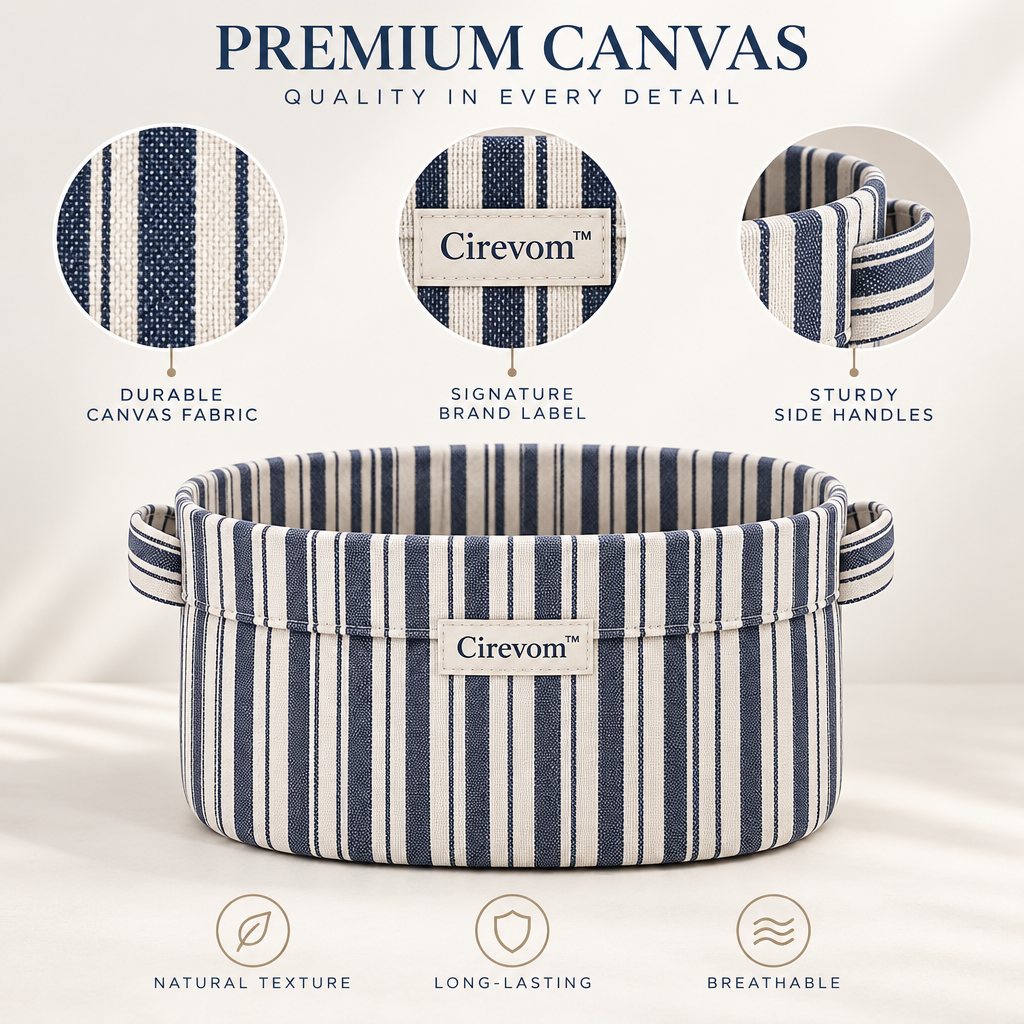Cirevom™ Blue Striped Canvas Storage Basket texture