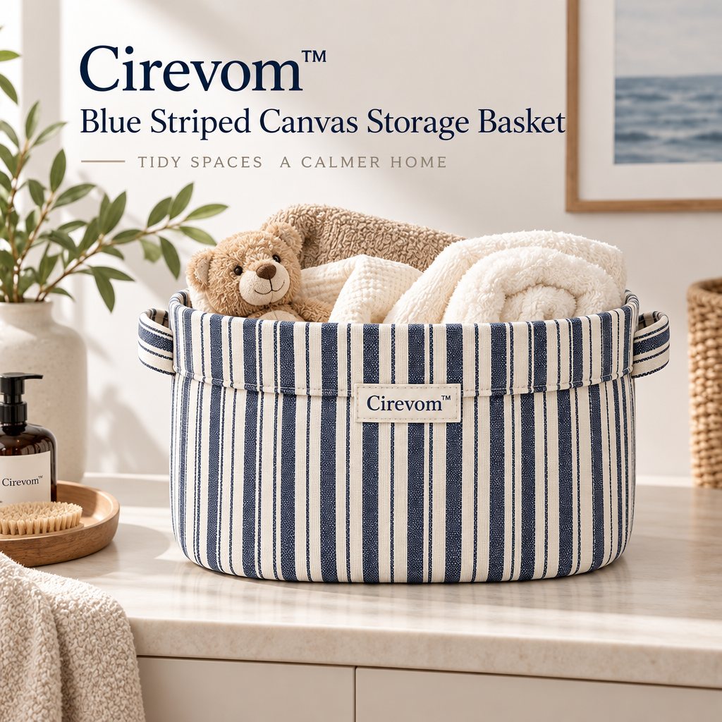Cirevom™ Blue Striped Canvas Storage Basket lifestyle