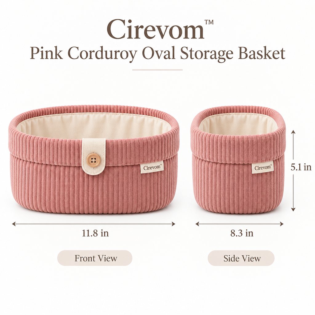 Cirevom™ Pink Corduroy Oval Storage Basket dimensions