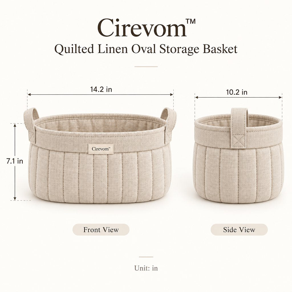 Cirevom™ Quilted Linen Oval Storage Basket dimensions