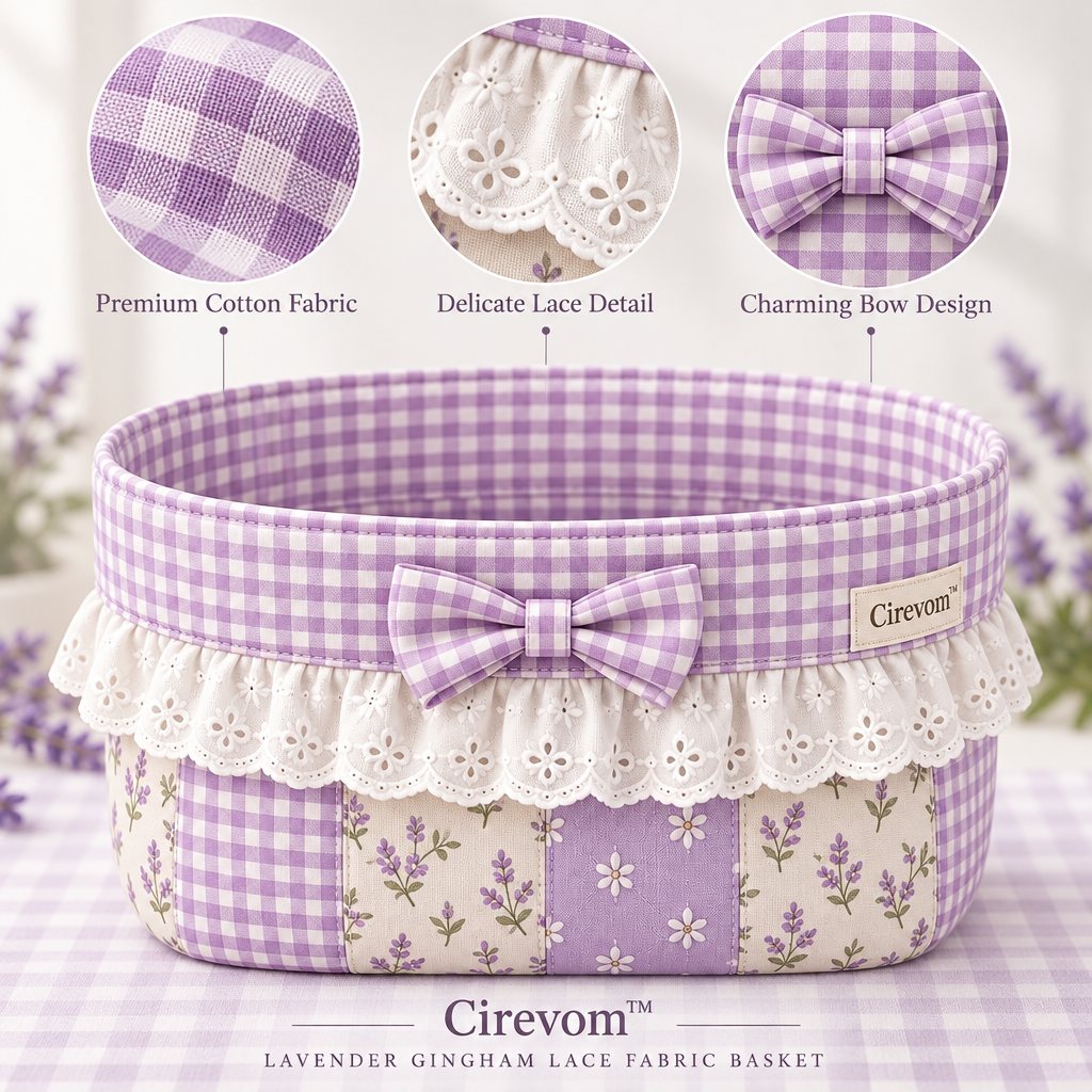 Cirevom™ Lavender Gingham Lace Fabric Basket texture