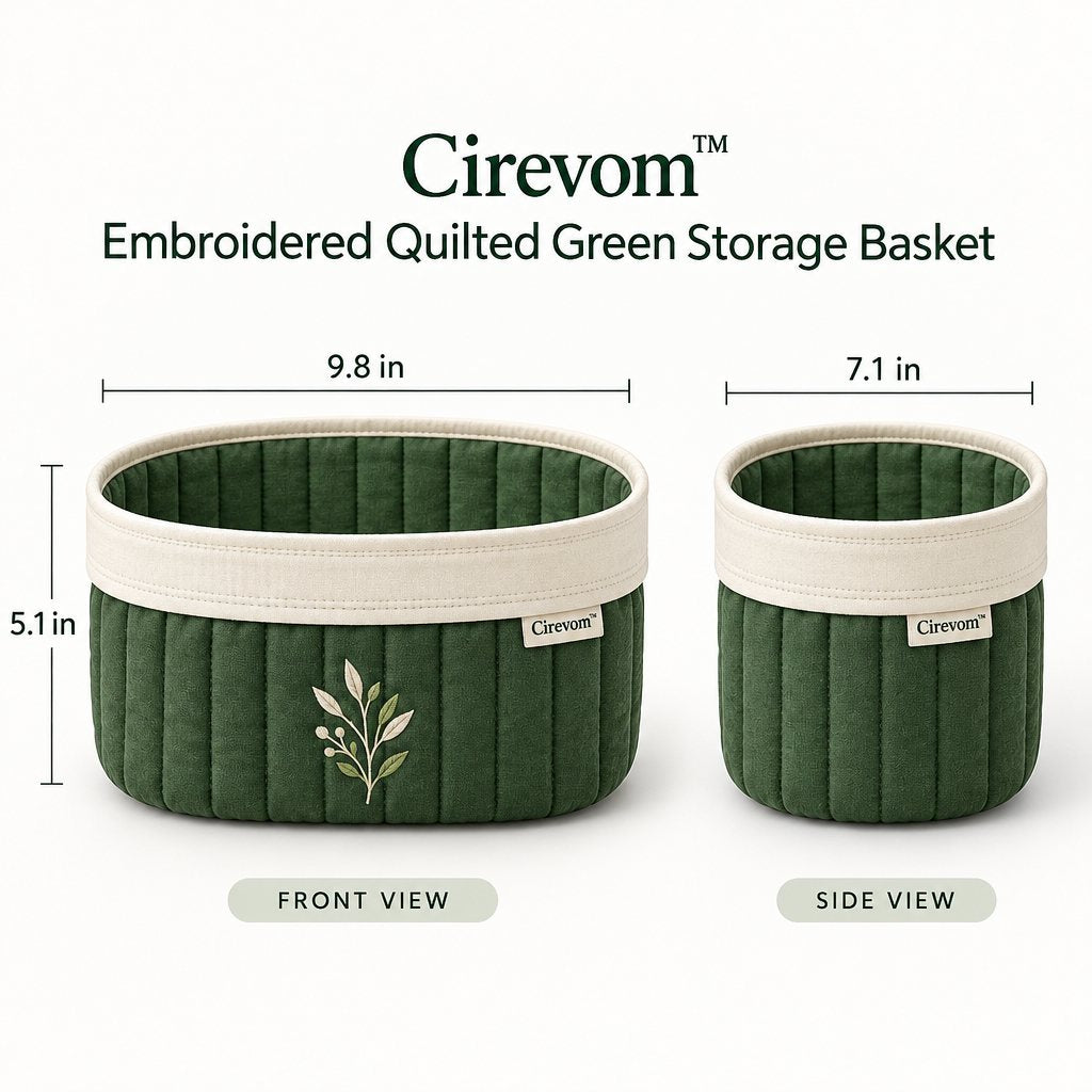 Cirevom™ Embroidered Quilted Green Storage Basket dimensions
