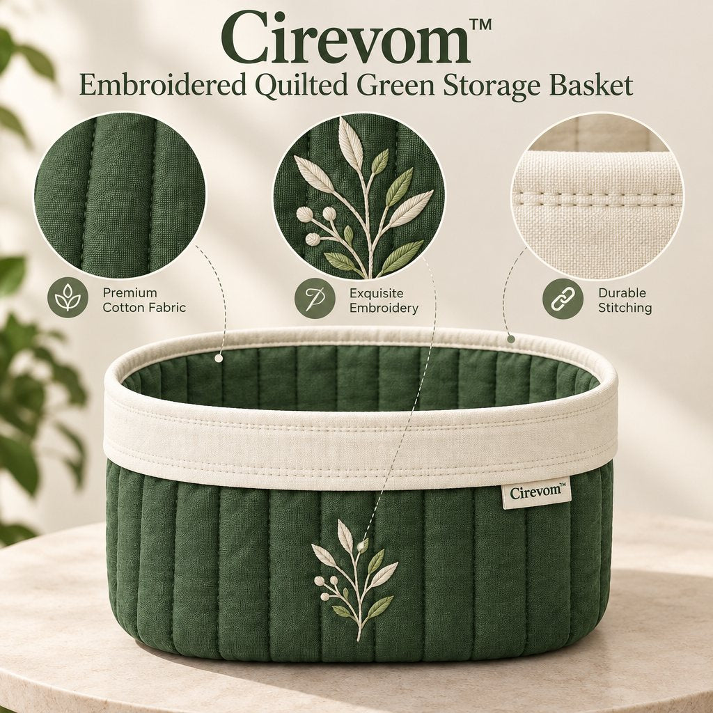 Cirevom™ Embroidered Quilted Green Storage Basket texture