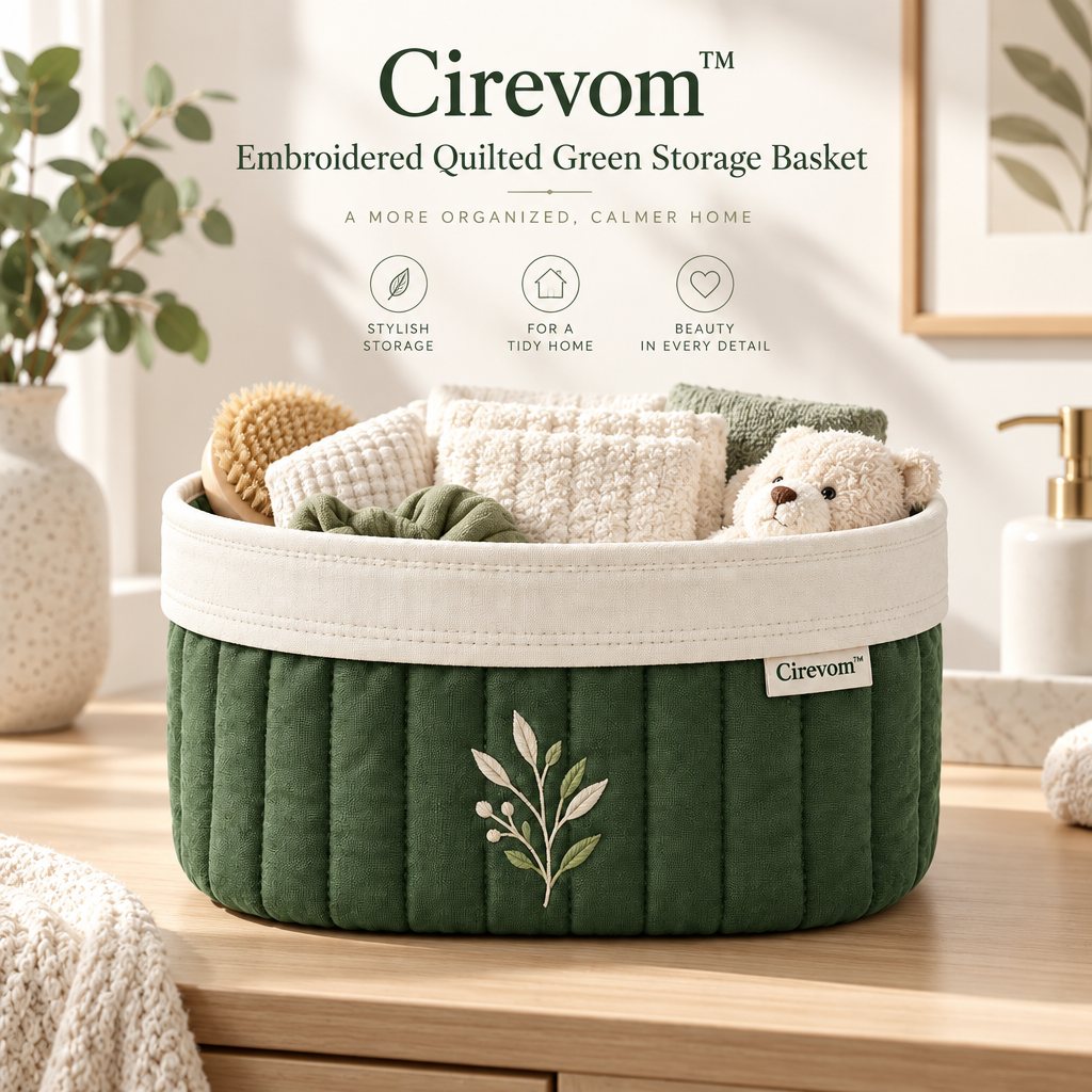 Cirevom™ Embroidered Quilted Green Storage Basket lifestyle